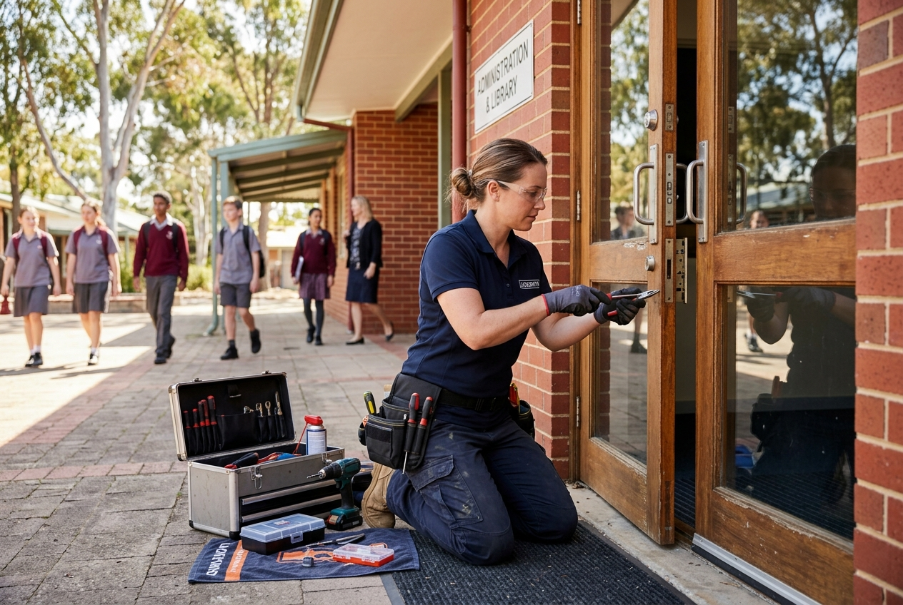 Steadfast repairing a lock at a school building